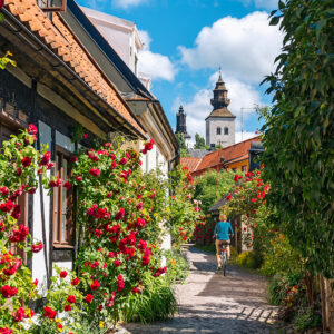 Fiskargränd i Visby med cyklist en sommardag