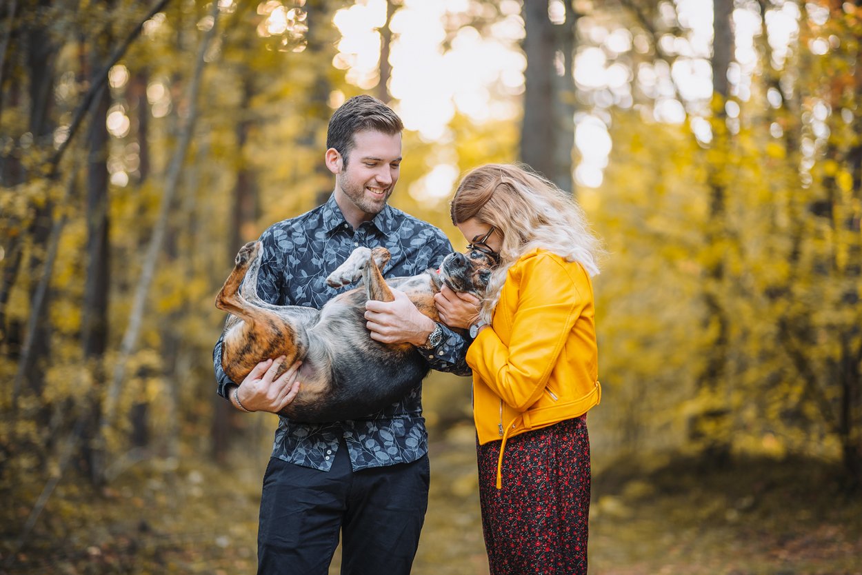 Par i höstig skog som gosar med sin hund.