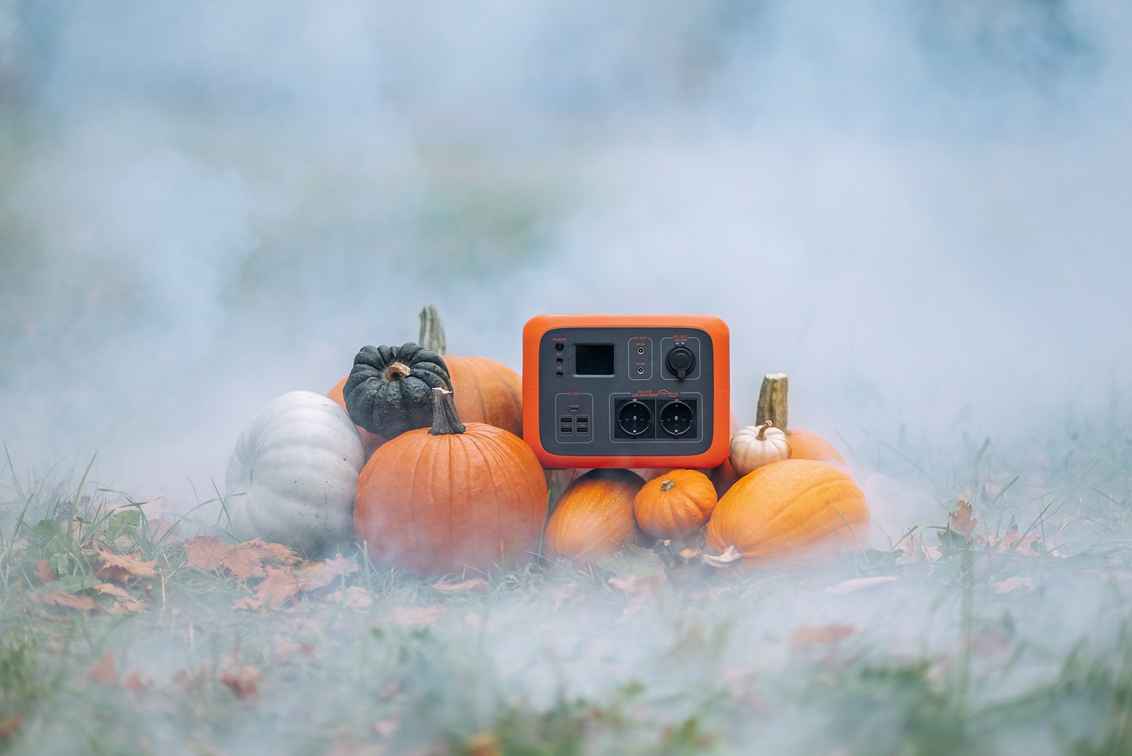En bärbar Bluetti kraftstation står bland pumpor och konstgjord dimma i ett Halloween-inspirerat produktfoto.